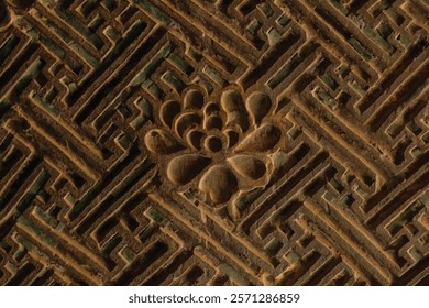 Carvings  on the church door in countryside of Nakhon Ratchasima Province. Has Chinese pattern influences. Approximately 200 years old. carving, interior, flower, countryside, grunge.