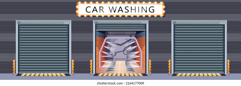 Carwash Building. Car Wash Station Open, Rise Automatic Gates, Door, Special Garage, Box. Professional Cleaning, Washing Equipment Inside. Auto Service, Automobile, Vehicle Care. Vector Illustration