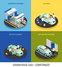 Iconos de concepto de lavado de cardos establecidos con símbolos de lavado de auto-servicio de vehículos isométrica aislada ilustración vectorial