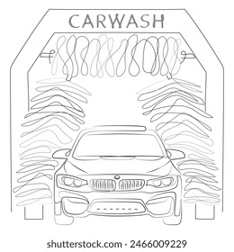 Carwash exterior graphic sketch black white. Auto service sector minimalist line drawing. Car wash logo in continuous one line art style. Simple vector illustration.