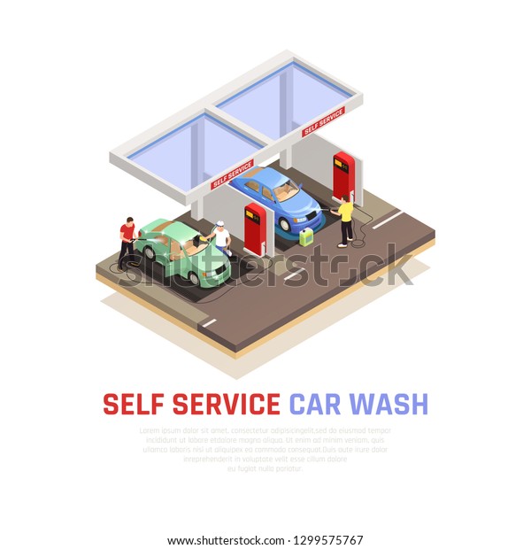 Carwash isometric composition with self\
service wash symbols vector\
illustration