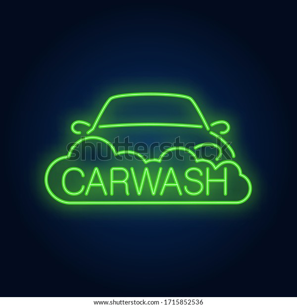 Carwash neon text, automobile\
and foam. Neon sign, night bright advertisement, colorful\
signboard, light banner. Vector illustration in neon\
style.