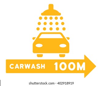 Carwash Right Direction vector illustration for street advertisement. Style is yellow flat symbols on a white background.