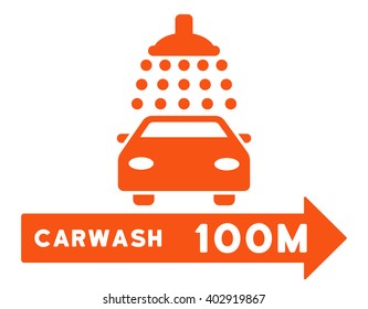 Carwash Right Direction vector illustration for street advertisement. Style is orange flat symbols on a white background.