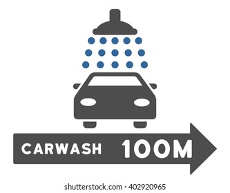 Carwash Right Direction vector illustration for street advertisement. Style is bicolor cobalt and gray flat symbols on a white background.