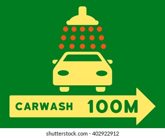 Carwash Right Direction vector illustration for street advertisement. Style is bicolor orange and yellow flat symbols on a green background.