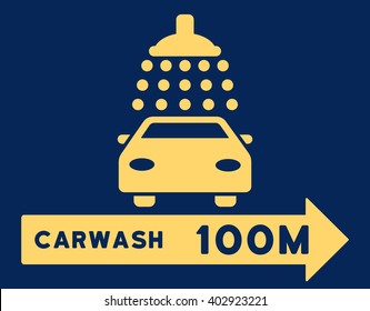 Carwash Right Direction vector illustration for street advertisement. Style is yellow flat symbols on a blue background.