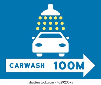 Carwash Right Direction vector illustration for street advertisement. Style is bicolor yellow and white flat symbols on a blue background.