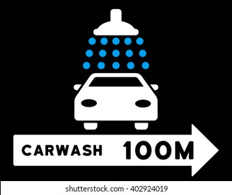 Carwash Right Direction vector illustration for street advertisement. Style is bicolor blue and white flat symbols on a black background.