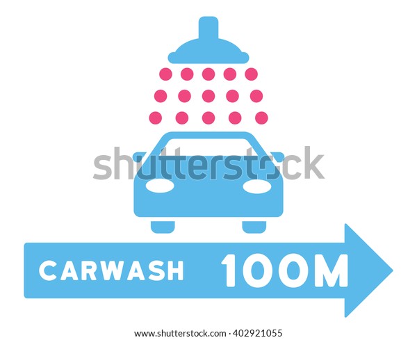 Carwash Right Direction vector illustration\
for street advertisement. Style is bicolor pink and blue flat\
symbols on a white\
background.