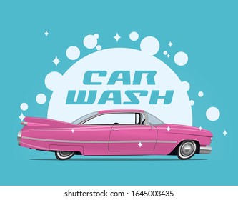 Carwash service concept illustration with side view cartoon retro pink car and white soap bulbs and car wash caption. Vector illustration.