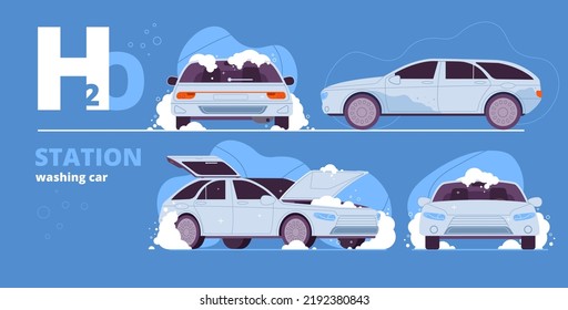 Carwash station. Fast washing car interior, foam water cleaning open hood trunk of dirty cars, bubble suds shower dust auto machine or engine equipment vector illustration of automobile transport