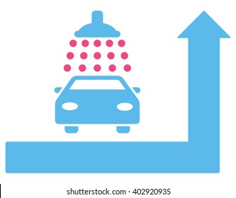 Carwash Turn Ahead vector illustration for street advertisement. Style is bicolor pink and blue flat symbols on a white background.