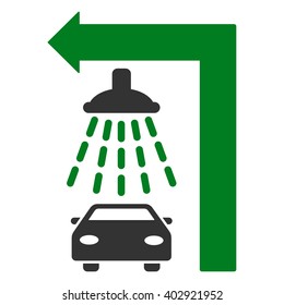 Carwash Turn Left vector illustration for street advertisement. Style is bicolor green and gray flat symbols on a white background.