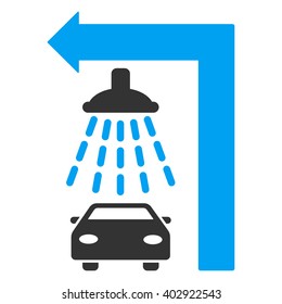Carwash Turn Left vector illustration for street advertisement. Style is bicolor blue and gray flat symbols on a white background.