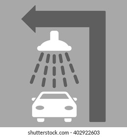 Carwash Turn Left vector illustration for street advertisement. Style is bicolor dark gray and white flat symbols on a silver background.