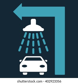 Carwash Turn Left vector illustration for street advertisement. Style is bicolor blue and white flat symbols on a dark blue background.