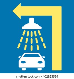 Carwash Turn Left vector illustration for street advertisement. Style is bicolor yellow and white flat symbols on a blue background.