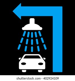Carwash Turn Left vector illustration for street advertisement. Style is bicolor blue and white flat symbols on a black background.