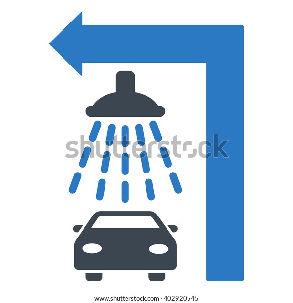 Carwash Turn Left vector illustration for\
street advertisement. Style is bicolor smooth blue flat symbols on\
a white background.