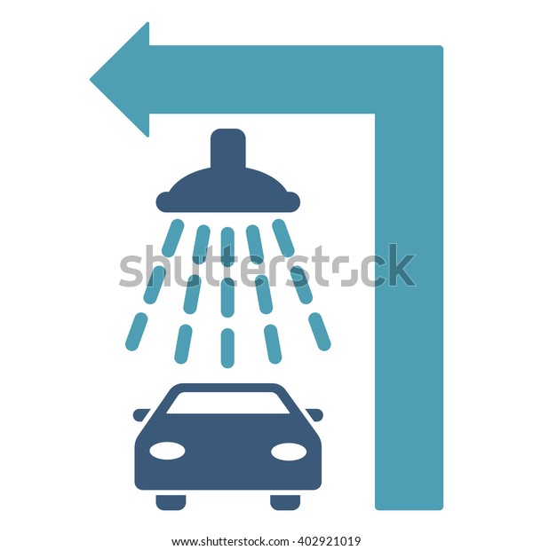 Carwash Turn Left vector illustration for
street advertisement. Style is bicolor cyan and blue flat symbols
on a white background.