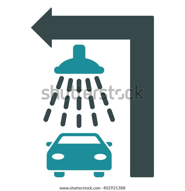 Carwash Turn Left vector illustration for\
street advertisement. Style is bicolor soft blue flat symbols on a\
white background.