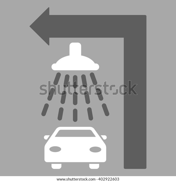 Carwash Turn Left vector illustration for\
street advertisement. Style is bicolor dark gray and white flat\
symbols on a silver\
background.