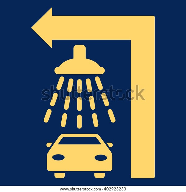 Carwash Turn\
Left vector illustration for street advertisement. Style is yellow\
flat symbols on a blue\
background.