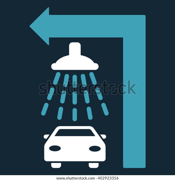 Carwash Turn Left vector illustration for\
street advertisement. Style is bicolor blue and white flat symbols\
on a dark blue\
background.