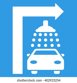 Carwash Turn Right vector illustration for street advertisement. Style is white flat symbols on a blue background.