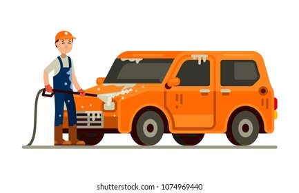 Carwash worker washing car with hose foam water spray vector illustration