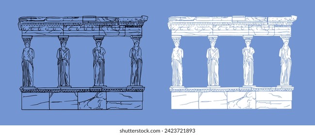 El porche Caryatid del Erechtheion en Atenas, Grecia. Ilustración vectorial detalle arquitectónico de un caryatid.