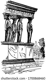 Caryatides, Figures of women, vintage engraving.