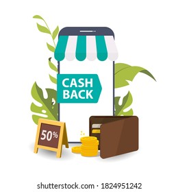 Cas hback icon with wallet and coin. concept of cashback vector illustration.