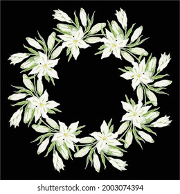 Casa Blanca Oriental Lily. Bouquet of white flowers and green leaves. Collection of festive decor and greeting cards. Vector illustration.