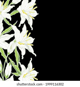 Casa Blanca Oriental Lily. Wedding Invitation And Greeting Template. White Flowers, Buds And Leaves. Vector Illustration.