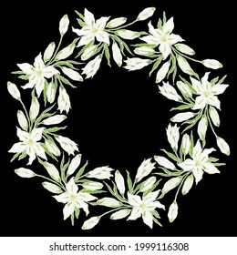 Casa Blanca Oriental Lily. Wreath of white flowers and buds.  Wedding invitation and greeting cards template. Vector illustration.