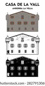 Casa de la Vall vector illustration. Historic parliament building and national landmark in Andorra la Vella. Flat line art design for travel, tourism, and cultural heritage concepts.
