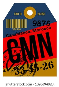 Casablanca airport luggage tag. Realistic looking tag with stamp and information written by hand. Design element for creative professionals.