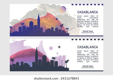 Banner de la ciudad de Casablanca con formas abstractas de paisaje urbano, paisaje urbano, monumento. Diseño horizontal del vector de viaje de Marruecos para el folleto, sitio web, página, presentación, encabezado, pie de página