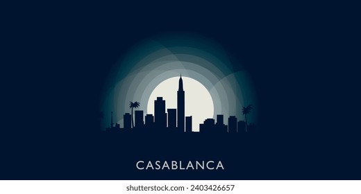 Casablanca cityscape skyline city panorama vector flat modern banner illustration. Morocco region emblem idea with landmarks and building silhouettes at sunrise sunset night