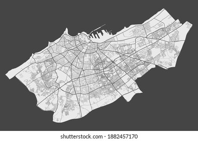 Casablanca map. Detailed map of Casablanca city administrative area. Cityscape panorama. Royalty free vector illustration. Outline map with highways, streets, rivers. Tourist decorative street map.