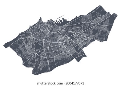 Casablanca map. Detailed vector map of Casablanca city administrative area. Cityscape poster metropolitan aria view. Dark land with white streets, roads and avenues. White background.