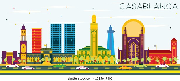 Casablanca Morocco City Skyline with Color Buildings and Blue Sky. Vector Illustration. Business Travel and Tourism Concept with Historic Architecture. Casablanca Cityscape with Landmarks.