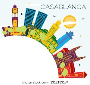 Casablanca Morocco City Skyline with Color Buildings, Blue Sky and Copy Space. Vector Illustration. Tourism Concept with Historic Architecture. Casablanca Cityscape with Landmarks. 