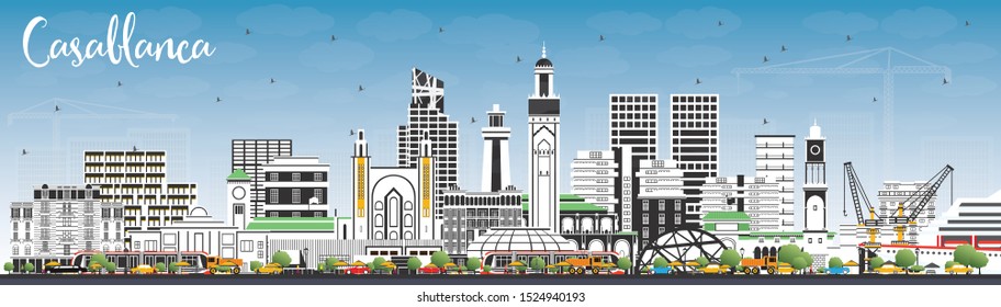 Casablanca Morocco City Skyline with Color Buildings and Blue Sky. Vector Illustration. Business Travel and Concept with Historic Architecture. Casablanca Cityscape with Landmarks. 