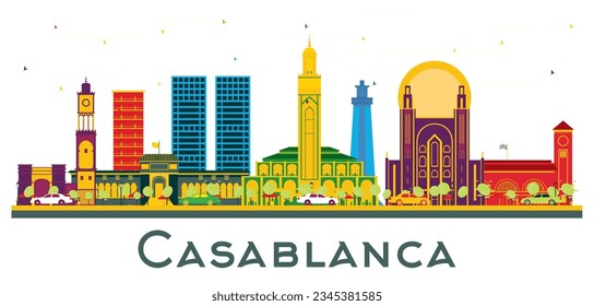 Casablanca Morocco City Skyline with Color Buildings isolated on white. Vector Illustration. Business Travel and Tourism Concept with Historic Architecture. Casablanca Cityscape with Landmarks.