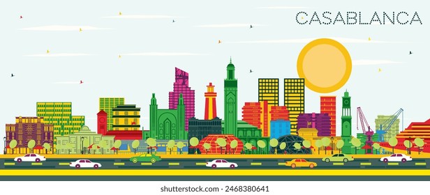 Casablanca Morocco City Skyline with Color Buildings and Blue Sky. Vector Illustration. Business Travel and Concept with Historic Architecture. Casablanca Cityscape with Landmarks.