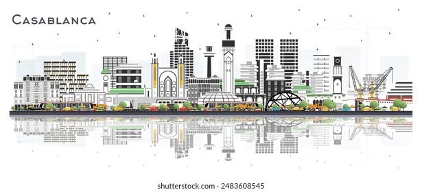 Casablanca Morocco City Skyline with Color Buildings and reflections Isolated on White. Vector Illustration. Business Travel Concept with Historic Architecture. Casablanca Cityscape with Landmarks.