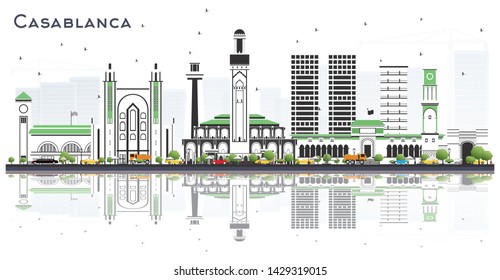 Casablanca Morocco City Skyline with Gray Buildings and Reflections Isolated on White. Vector Illustration. Travel and Tourism Concept with Historic Architecture. Casablanca Cityscape with Landmarks.
